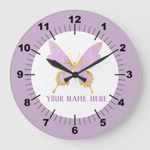 Grande Horloge Ronde Beautiful Purple & Gold Butterfly