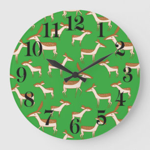 Grande Horloge Ronde Bébé cerf mignon et famille sur fond vert clair