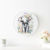 Grande Horloge Ronde Bébé Éléphant en Fleur (Maison)