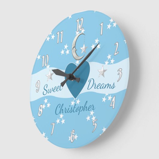 Grande Horloge Ronde Bébé étoiles et bleu lune (Angle)