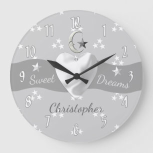 Grande Horloge Ronde Bébé étoiles et lune avec un nom