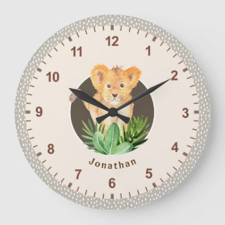 Grande Horloge Ronde Bébé Lion Faune Aquarelle Décor Neutre Chambre