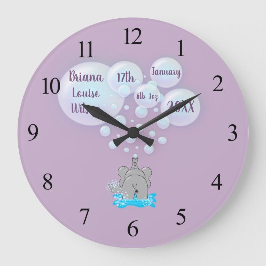 Grande Horloge Ronde Bébé mignon éléphant bulles Monogramme (Recto)
