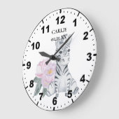 Grande Horloge Ronde Bébé Zèbre Fleurs Roses Bébé Fille (Angle)