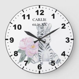 Grande Horloge Ronde Bébé Zèbre Fleurs Roses Bébé Fille