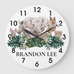 Grande Horloge Ronde Bébés de la jungle Safari Éléphant d'Afrique Perso
