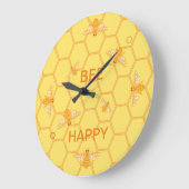 Grande Horloge Ronde Bee Happy honeybees on yellow honeycomb (Angle)