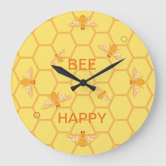 Grande Horloge Ronde Bee Happy honeybees on yellow honeycomb (Recto)