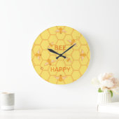 Grande Horloge Ronde Bee Happy honeybees on yellow honeycomb (Maison)