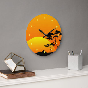 Grande Horloge Ronde Belle Afrique Safari Bright Orange Sunset