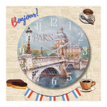 Grande Horloge Ronde Belle aquarelle de Paris<br><div class="desc">Cette belle horloge murale représente vraiment l'une des nombreuses visions magiques que nous avons de Paris — la mystique de la Seine et l'histoire de Paris. Profitez de l'horloge spéciale pour vous-même ou en cadeau. Si vous avez des questions, envoyez un conversation ou un courriel à charmdesignstudio@rcn.com et nous serons...</div>