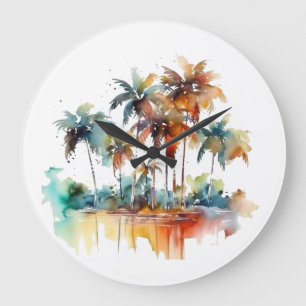 Grande Horloge Ronde Belle aquarelle d'une plage avec palmiers
