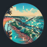 Grande Horloge Ronde Belle BD Pop Art Style Plage Scène<br><div class="desc">Belle vague bleue de l'océan sur une plage de sable avec une jolie réflexion dans l'eau. Palmiers et eau gazeuse et ciel nuageux.</div>
