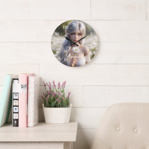 Grande Horloge Ronde Belle fée d'avril en marguerite