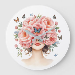 Grande Horloge Ronde Belle Femme avec des Roses Roses Géantes et Papill