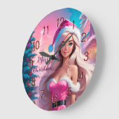 Grande Horloge Ronde Belle fille de Noël rose 01 (Angle)