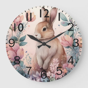 Grande Horloge Ronde Belle Impression de Lapin à l'Aquarelle Vibrante