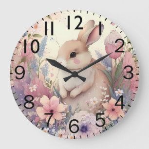 Grande Horloge Ronde Belle Impression de Lapin à l'Aquarelle Vibrante