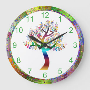 Grande Horloge Ronde Belle Iridescente Arbre Arc-en-ciel Boho Bohemian
