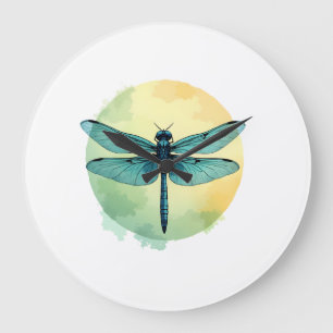 Grande Horloge Ronde Belle Libellule Verte Art Aquarelle Insecte Lo