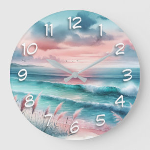 Grande Horloge Ronde Belle scène océanique en rose et bleu