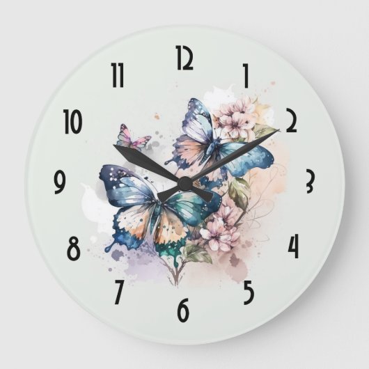 Grande Horloge Ronde Belles papillons et fleurs (Recto)