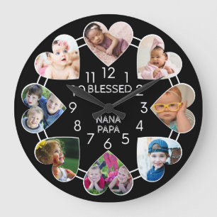 Grande Horloge Ronde Béni Nana Papa 8 Modèle photo de coeur Noir