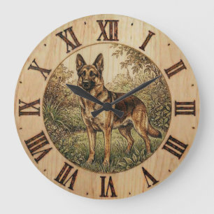 Grande Horloge Ronde Berger Allemand - Décor de chien rustique