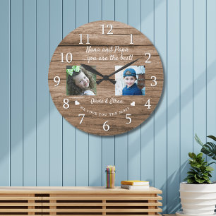 Grande Horloge Ronde Best Nana And Papa Grandkids 2 Photo Collage Wood