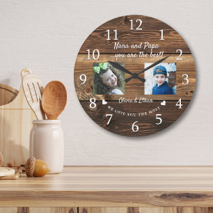 Grande Horloge Ronde Best Nana And Papa Grandkids 2 Photo Collage Wood