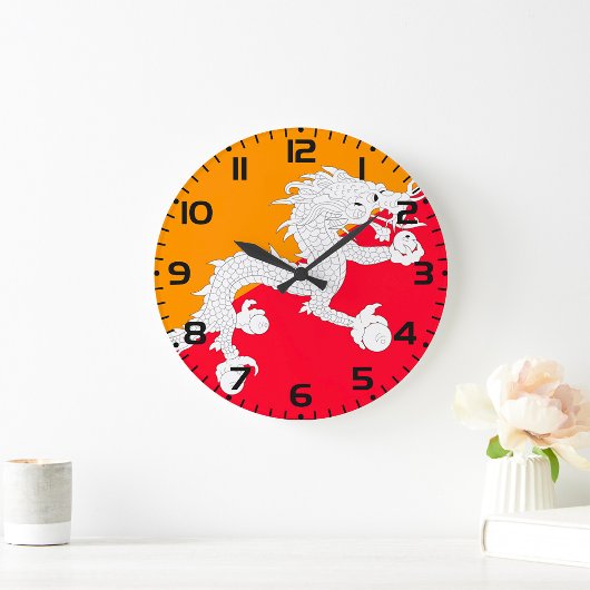 Grande Horloge Ronde Bhoutan Drapeau design avec Dragon Blanc