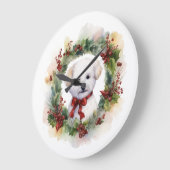 Grande Horloge Ronde Bichon Frise Wreath Festive Pup (Angle)