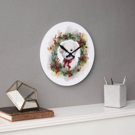 Grande Horloge Ronde Bichon Frise Wreath Festive Pup (Bureau)