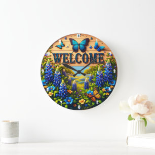 Grande Horloge Ronde Bienvenue Bleu Lupin Field Papillons