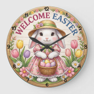 Grande Horloge Ronde Bienvenue Lapin Floral de Jardin de Pâques