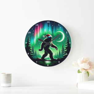 Grande Horloge Ronde Bigfoot avec Aurora Borealis et Noël