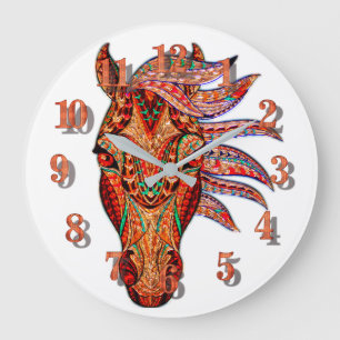 Grande Horloge Ronde Bijou de cheval mosaïque coloré cowgirl équestre