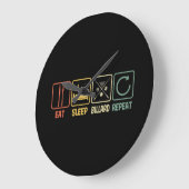 Grande Horloge Ronde Billiard Eat Sleep Repeat Retro Style Slogan (Angle)