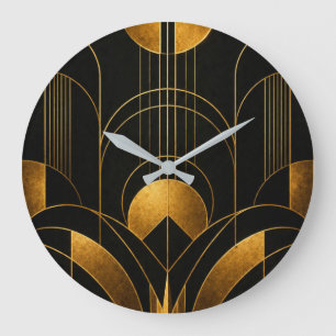 Grande Horloge Ronde Black and Gold Art Deco Geometric Wall Clock