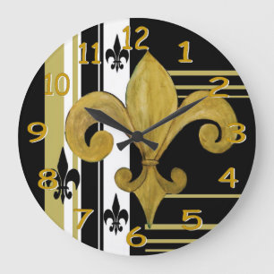 Grande Horloge Ronde Black and Gold Fleur de lis wall clock
