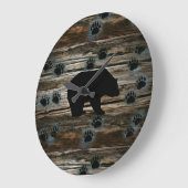 Grande Horloge Ronde Black Bear Black Bear Paws Rustic Wood (Angle)