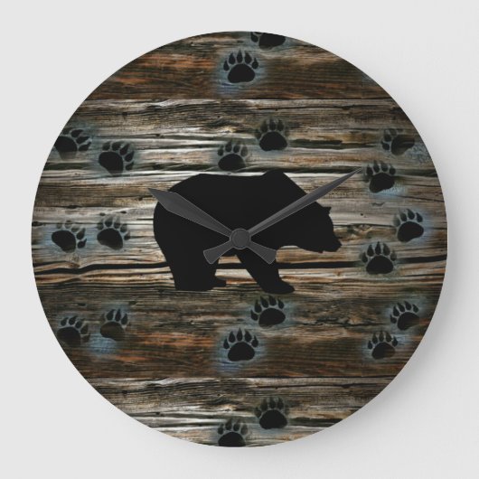 Grande Horloge Ronde Black Bear Black Bear Paws Rustic Wood (Recto)