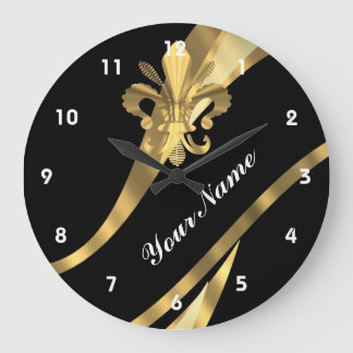 Grande Horloge Ronde Black & gold fleur de lys