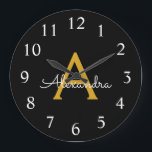 Grande Horloge Ronde Black Gold Modern Script Girl Monogramme Nom<br><div class="desc">Black and Gold Simple Script Monogram Clock. This makes the perfect sweet 16 birthday,  wedding,  bridal shower,  anniversary,  baby shower or bachelorette party gift for someone that loves glam luxury and chic styles.</div>