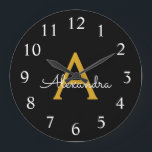 Grande Horloge Ronde Black Gold Modern Script Girl Monogramme Nom<br><div class="desc">Black and Gold Simple Script Monogram Clock. This makes the perfect sweet 16 birthday,  wedding,  bridal shower,  anniversary,  baby shower or bachelorette party gift for someone that loves glam luxury and chic styles.</div>