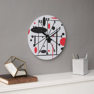 Grande Horloge Ronde Black, Red and White Abstract Wall Clock
