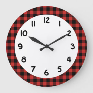 Grande Horloge Ronde Black Red Lumberjack Buffalo à carreaux