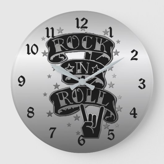 Grande Horloge Ronde Black & Silver Rock & Roll Logo Arrondi Mur Horlog (Recto)