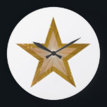 Grande Horloge Ronde Blanc rond d'horloge d'étoile de "or"<br><div class="desc">La conception moderne avec de l'or "brillant" et le blanc se tiennent le premier rôle sur un arrière - plan blanc. Horloge murale avec une conception personnalisable pour que vous personnalisiez avec votre propres texte, images et idées. Veuillez noter que c'est une image imprimée créée utilisant les photographies originales et...</div>