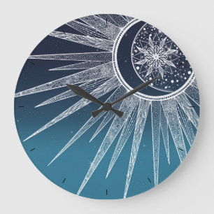 Grande Horloge Ronde Blanc Sun Moon Mandala Blue Gradient Design